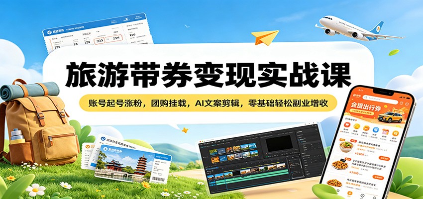 旅游带券变现实战课：账号起号涨粉，团购挂载，AI文案剪辑，零基础轻松副业增收-Ai创业网