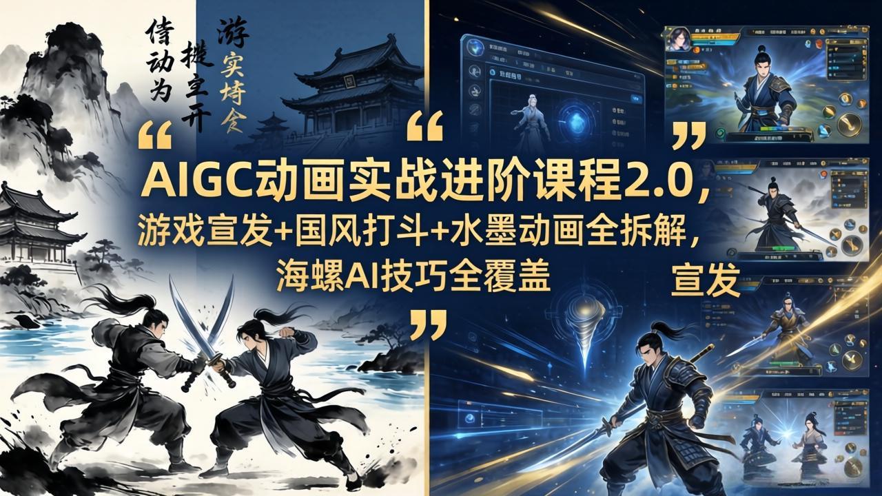 AIGC动画实战进阶课程2.0，游戏宣发+国风打斗+水墨动画全拆解，海螺AI技巧全覆盖-Ai创业网