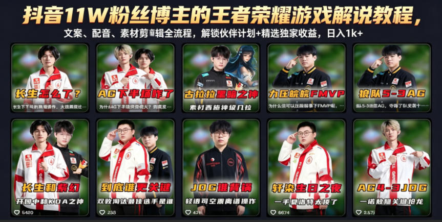 抖音11W粉丝博主的王者荣耀游戏解说教程，文案、配音、素材剪辑全流程，解锁伙伴计划+精选独家收益，日入1k+-Ai创业网