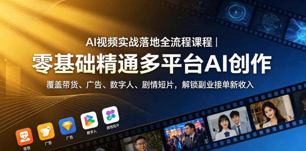 AI视频实战落地全流程课程｜零基础精通多平台AI创作，覆盖带货、广告、数字人、剧情短片，解锁副业接单新收入-Ai创业网