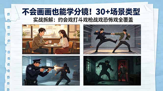 不会画画也能学分镜！30+场景类型实战拆解：约会戏打斗戏枪战戏恐怖戏全覆盖-Ai创业网