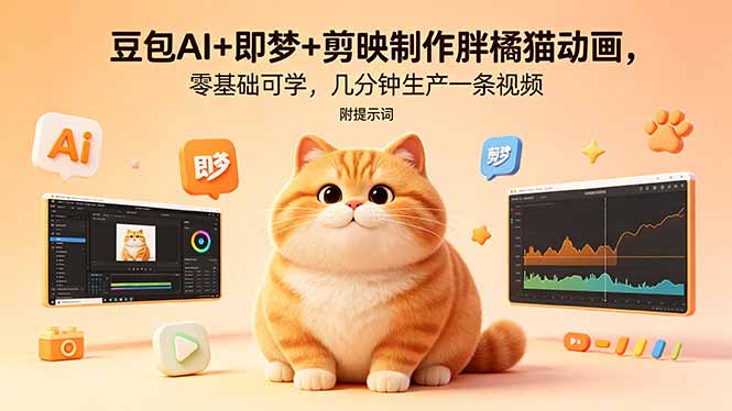豆包AI+即梦+剪映制作胖橘猫动画，零基础可学，几分钟生产一条视频，附提示词-Ai创业网