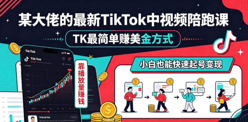 某大佬的最新TikTok中视频陪跑课，TK最简单賺美金方式，靠播放量賺钱，小白也能快速起号变现-Ai创业网