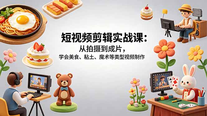 短视频剪辑实战课：从拍摄到成片，学会美食、粘土、魔术等类型视频制作-Ai创业网