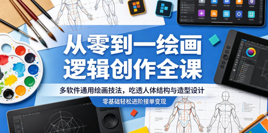从零到一绘画逻辑创作全课，多软件通用绘画技法，吃透人体结构与造型设计，零基础轻松进阶接单变现-Ai创业网