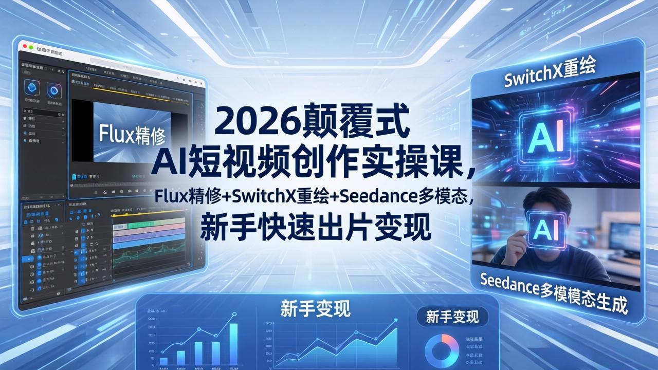 2026颠覆式 AI短视频创作课-5月更新，Flux精修+SwitchX重绘+Seedance多模态，新手快速出片变现-Ai创业网
