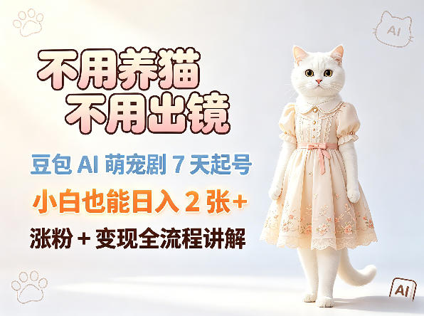不用养猫不用出镜，豆包AI萌宠剧7天起号，小白也能日入2张+，涨粉+变现全流程讲解-Ai创业网