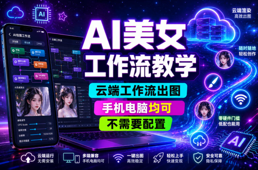 AI美女工作流教学，云端工作流出图，手机电脑均可，不需要配置，快速起号涨粉-Ai创业网