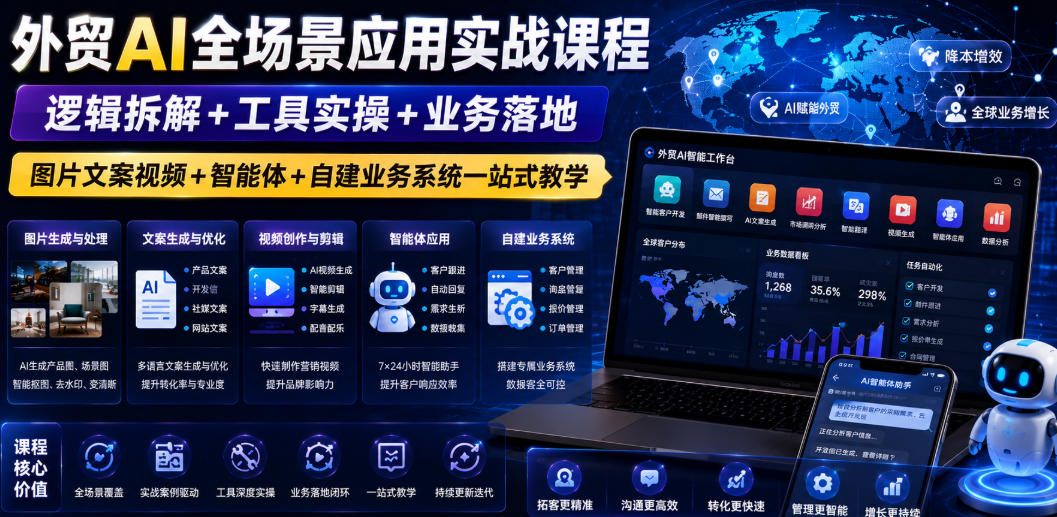 外贸AI全场景应用实战课程｜逻辑拆解+工具实操+业务落地，图片文案视频+智能体+自建业务系统一站式教学-Ai创业网