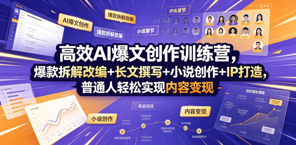高效AI爆文创作训练营，爆款拆解改编+长文撰写+小说创作+IP打造，普通人轻松实现内容变现-Ai创业网
