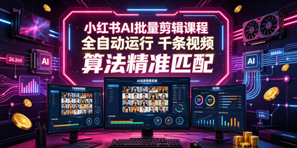 小红书AI批量剪辑课程，24小时全自动运行，解放双手专注运营，千条视频批量处理，小红书算法精准匹配-Ai创业网
