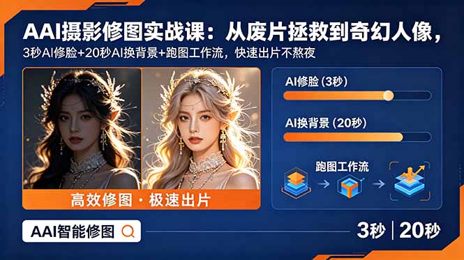 AI摄影修图实战课：从废片拯救 到 奇幻人像，3秒AI修脸+20秒AI换背景+跑图工作流，快速出片不熬夜-Ai创业网