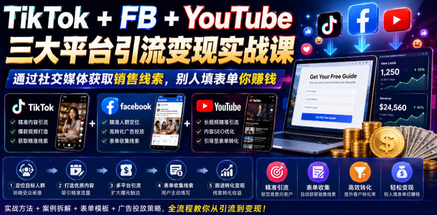 TikTok+FB+YouTube三大平台引流变现实战课，通过社交媒体获取销售线索，别人填表单你賺钱【原创双语字幕】-Ai创业网