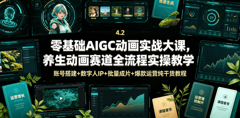 零基础AIGC动画实战大课，养生动画赛道全流程实操教学，账号搭建+数字人IP+批量成片+爆款运营纯干货教程-Ai创业网