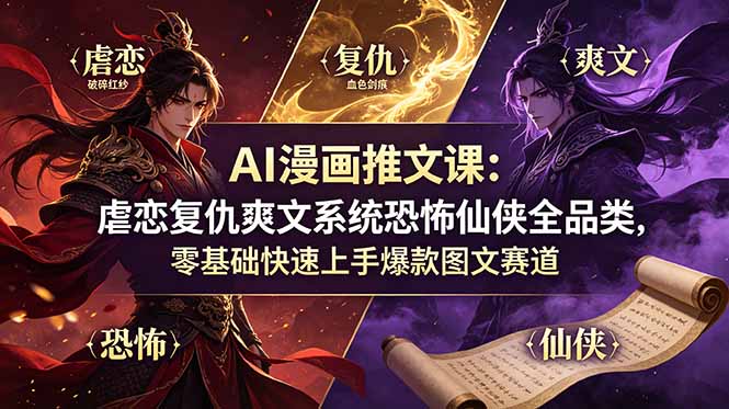 AI漫画推文课：虐恋复仇爽文系统恐怖仙侠全品类，零基础快速上手爆款图文赛道-Ai创业网