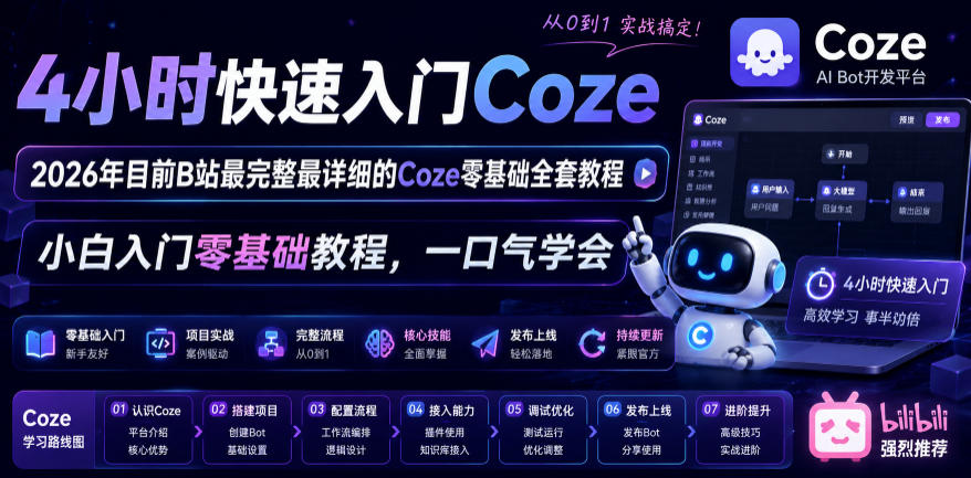 4小时快速入门Coze！2026年目前B站最完整最详细的Coze零基础全套教程，小白入门零基础教程，一口气学会！-Ai创业网