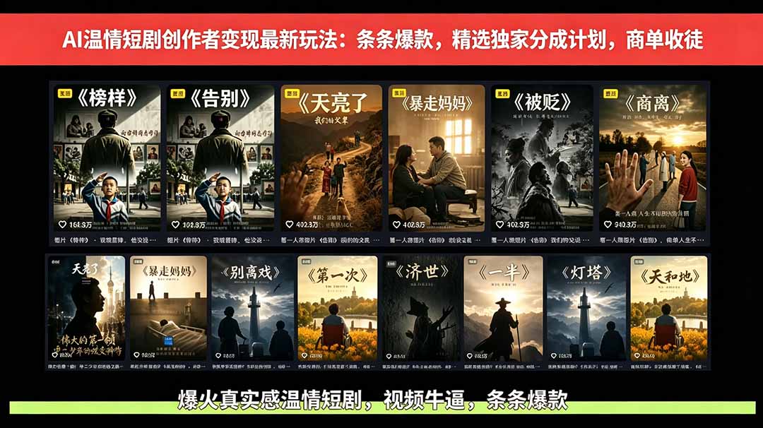 AI温情短剧创作者变现最新玩法：视频牛逼，条条爆款，精选独家分成计划，商单收徒-Ai创业网