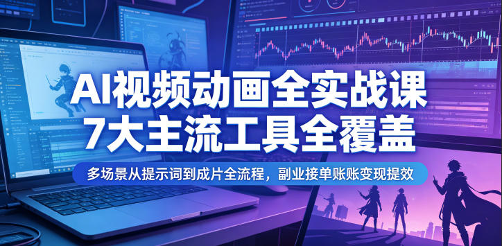 AI视频动画全实战课，7大主流工具全覆盖，多场景从提示词到成片全流程，副业接单账号变现提效-Ai创业网