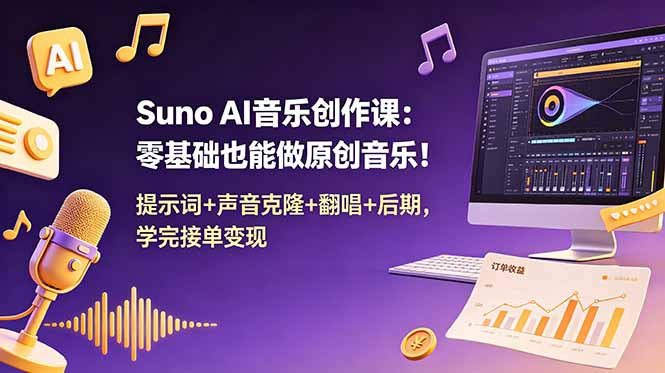 Suno AI音乐创作课：零基础也能做原创音乐！提示词+声音克隆+翻唱+后期，学完接单变现-Ai创业网