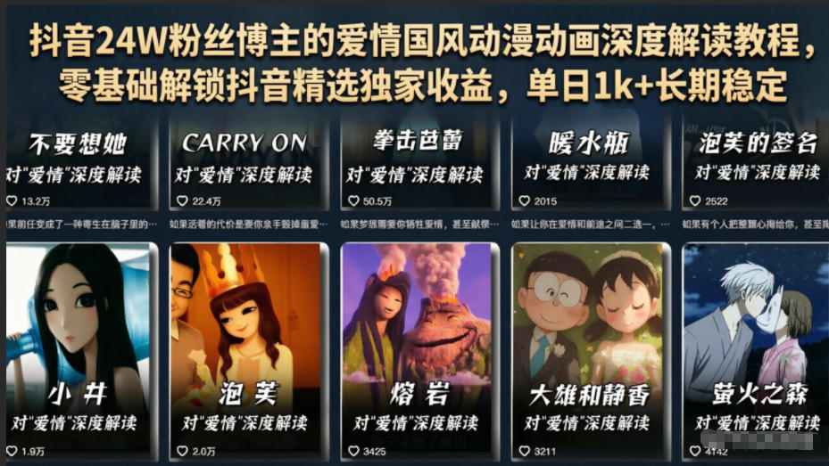 抖音24W粉丝博主的爱情国风动漫动画深度解读教程，零基础解锁抖音精选独家收益，单日1k+长期稳定-Ai创业网