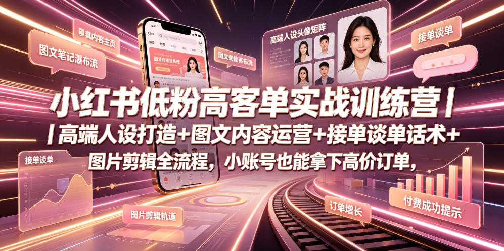 小红书低粉高客单实战训练营｜高端人设打造+图文内容运营+接单谈单话术+图片剪辑全流程，小账号也能拿下高价订单-Ai创业网