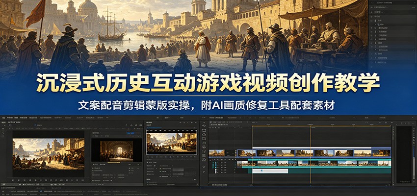 沉浸式历史互动游戏视频创作教学：文案配音剪辑蒙版实操，附AI画质修复工具配套素材-Ai创业网