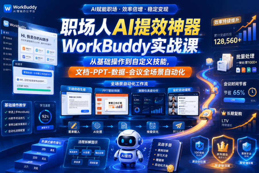 职场人AI提效神器WorkBuddy实战课，从基础操作到自定义技能，文档-PPT-数据-会议全场景自动化-Ai创业网