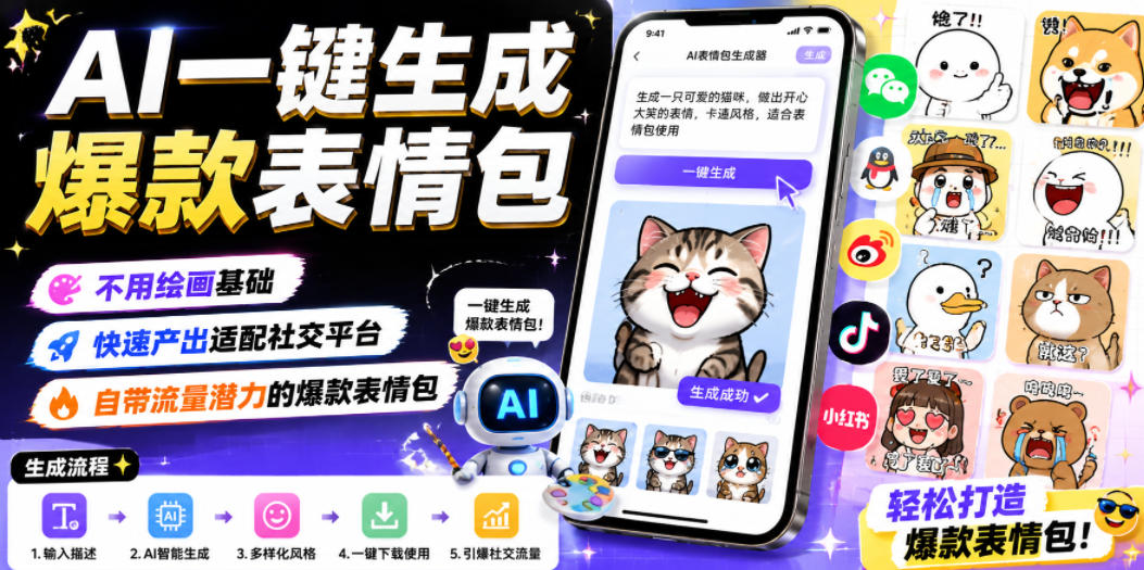 AI一键生成爆款表情包，不用绘画基础，快速产出适配社交平台，自带流量潜力的爆款表情包-Ai创业网