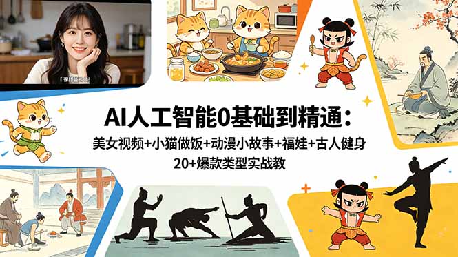 AI人工智能0基础到精通：美女视频+小猫做饭+动漫小故事+福娃+古人健身，20+爆款类型实战教学-Ai创业网