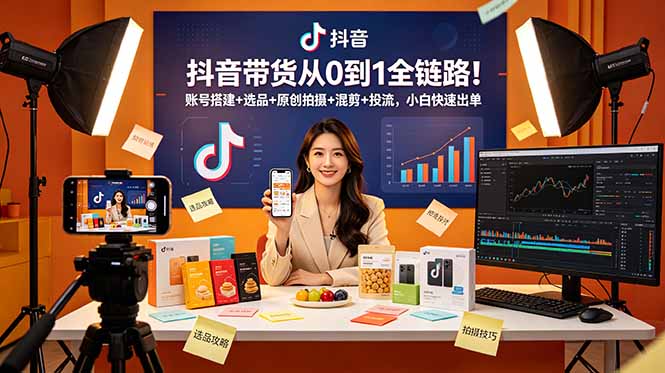 抖音带货从0到1全链路！账号搭建+选品+原创拍摄+混剪+投流，小白快速出单-Ai创业网