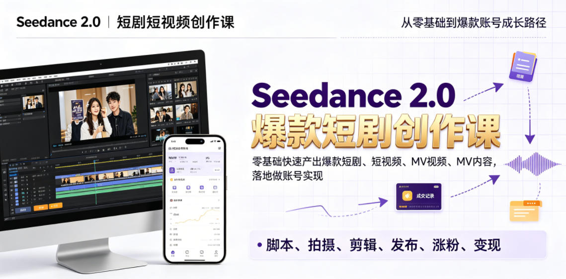 Seedance 2.0短剧短视频创作课，零基础快速产出爆款短剧、短视频、MV内容，落地做账号实现变现-Ai创业网