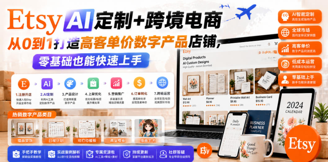Etsy AI定制+跨境电商，从0到1打造高客单价数字产品店铺，零基础也能快速上手-Ai创业网
