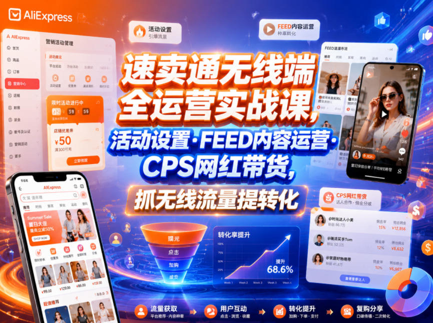速卖通无线端全运营实战课，活动设置・FEED内容运营・CPS网红带货，抓无线流量提转化-Ai创业网