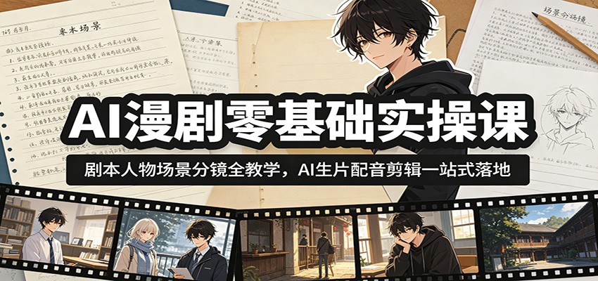 AI漫剧零基础实操课：剧本人物场景分镜全教学，AI生片配音剪辑一站式落地-Ai创业网