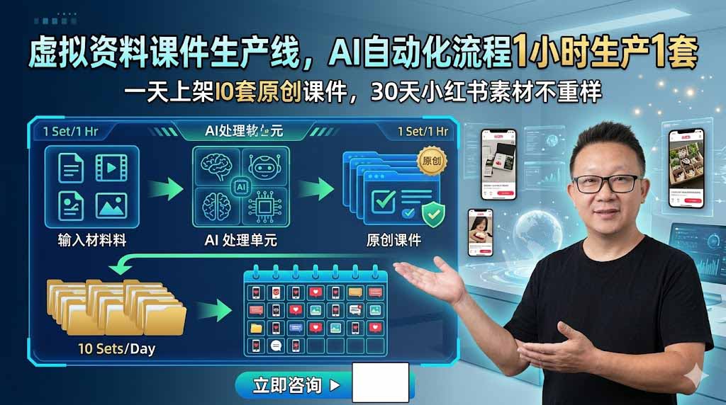 虚拟资料课件生产线，AI自动化流程1小时生产1套，一天上架10套原创课件，30天小红书素材不重样-Ai创业网