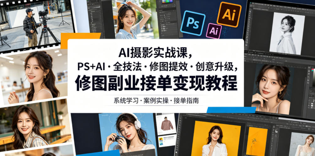 AI摄影实战课，PS+AI・全技法・修图提效・创意升级，修图副业接单变现教程-Ai创业网