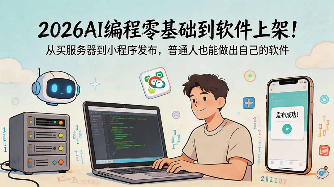 2026AI编程零基础到软件上架！从买服务器到小程序发布，普通人也能做出自己的软件-Ai创业网
