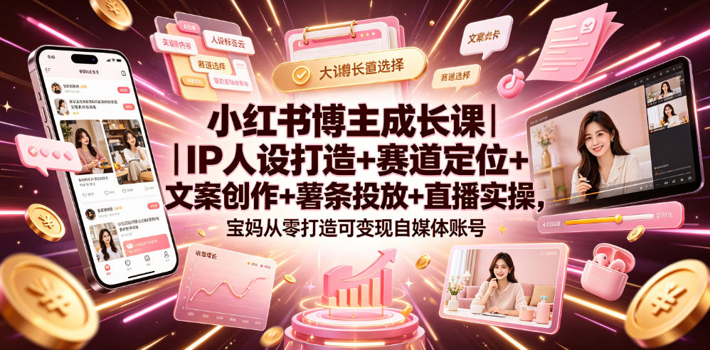 小红书博主成长课｜IP人设打造+赛道定位+文案创作+薯条投放+直播实操，宝妈从零打造可变现自媒体账号-Ai创业网