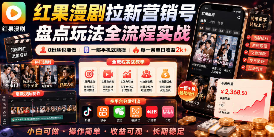 红果漫剧拉新营销号盘点玩法全流程实战，0粉丝也能做，一部手机就能做，爆一条单日收益2k+(更新0628)-Ai创业网