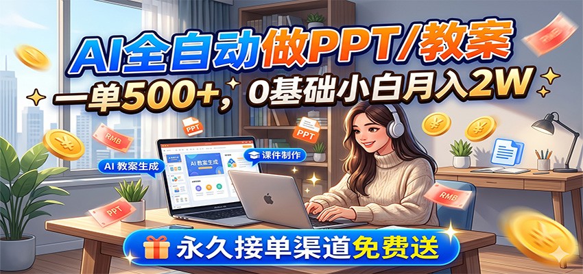 AI全自动做PPT/教案，一单500+，0基础小白月入2W，永久接单渠道免费送-Ai创业网
