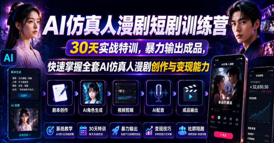 AI仿真人漫剧短剧训练营，30天实战特训，暴力输出成品，快速掌握全套AI仿真人漫剧创作与变现能力-Ai创业网