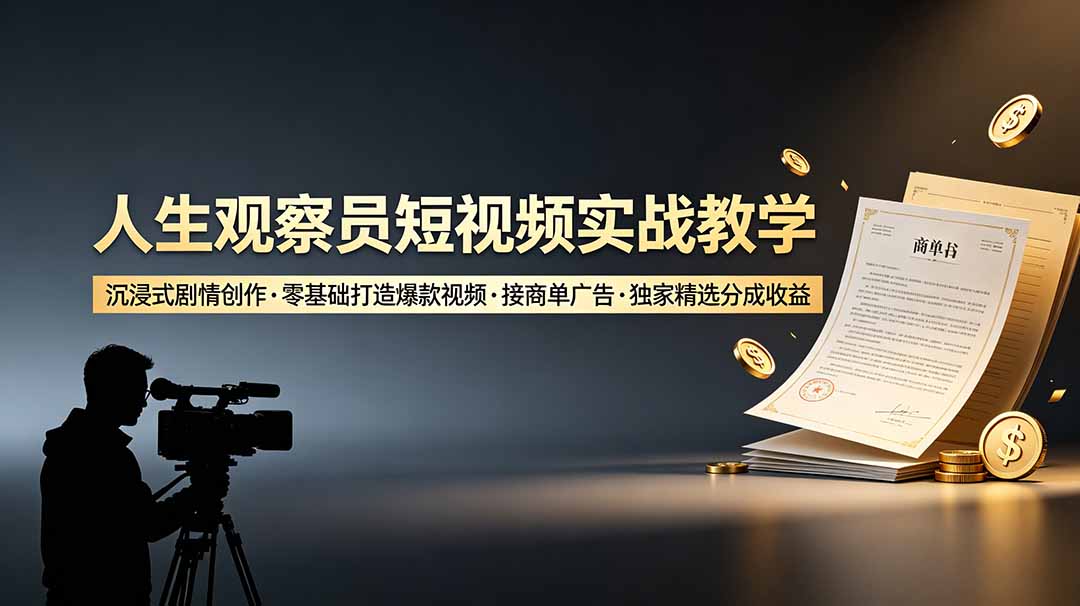 人生观察员短视频实战教学，沉浸式剧情创作，零基础打造爆款视频，接商单广告，独家精选分成收益-Ai创业网