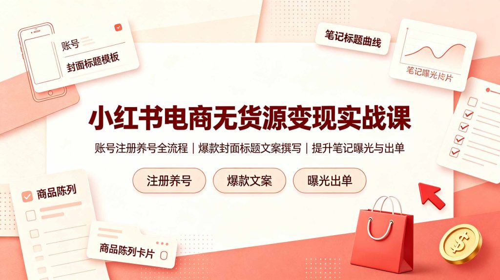 小红书电商无货源变现实战课，账号注册养号全流程，爆款封面标题文案撰写提升笔记曝光与出单-Ai创业网