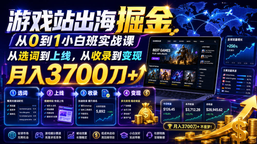 游戏站出海掘金从0到1小白实战课，从选词到上线，从收录到变现，月入3700刀+-Ai创业网