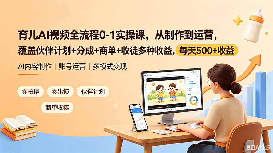 育儿AI视频全流程0-1实操课，从制作到运营，覆盖伙伴计划+分成+商单+收徒多种收益，每天500+收益-Ai创业网