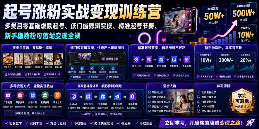 苗子起号涨粉实战变现训练营，多类目零基础爆款起号、精准起号节奏、新手稳涨粉可落地变现全课-Ai创业网