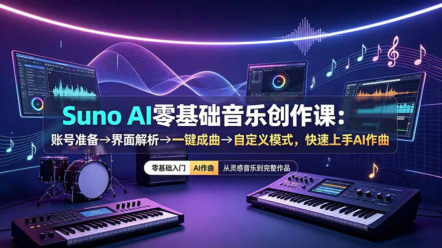 Suno AI零基础音乐创作课：账号准备→界面解析→一键成曲→自定义模式，快速上手AI作曲-Ai创业网