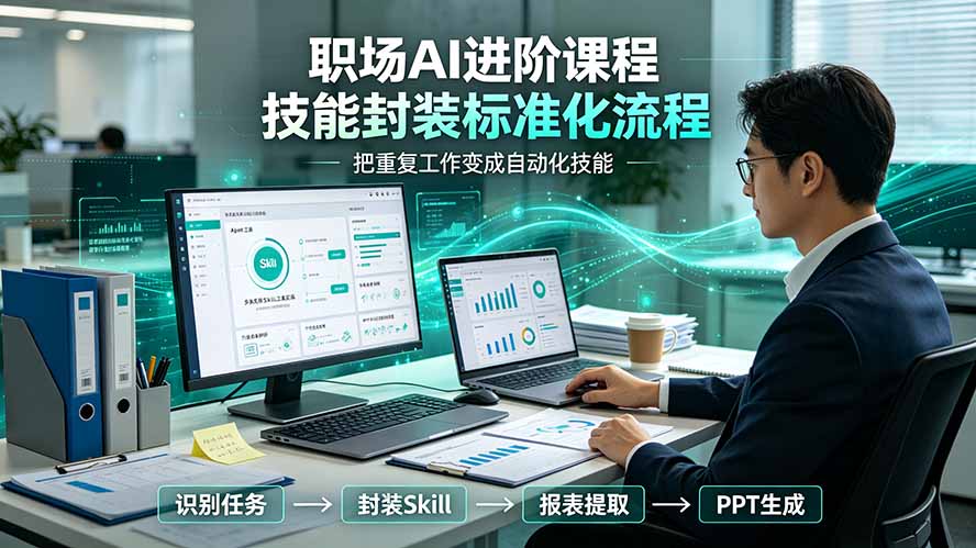 职场AI进阶课程；多类实用Skill工具实操，专属技能封装标准化流程，报表行业报告一键提取核心内容-Ai创业网