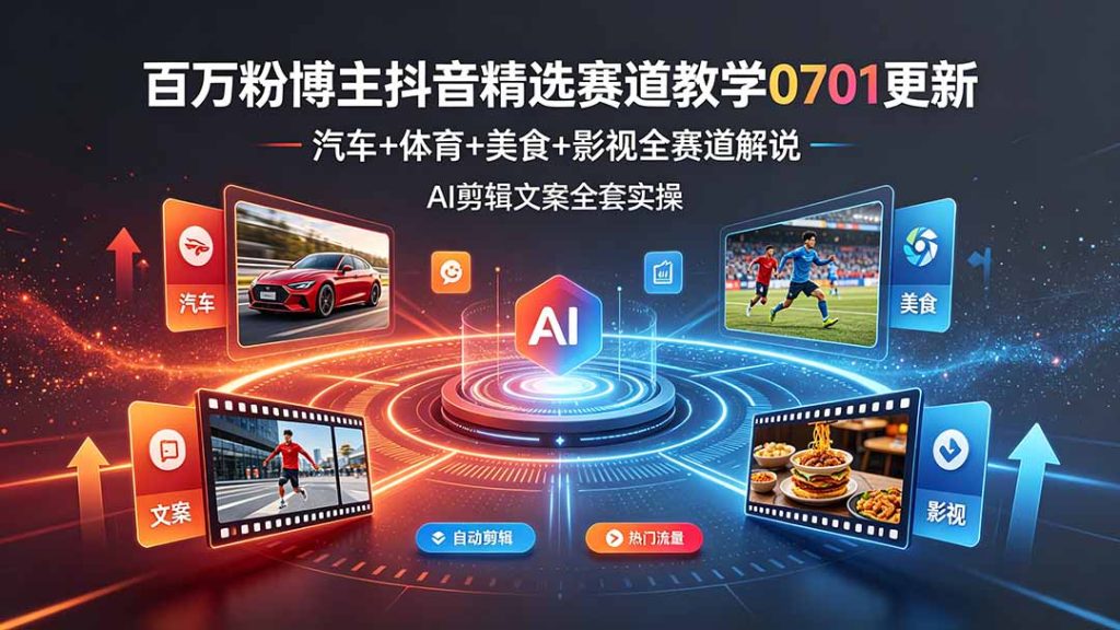 百万粉博主抖音精选赛道教学-0701更新，汽车+体育+美食+影视全赛道解说，AI剪辑文案全套实操-Ai创业网