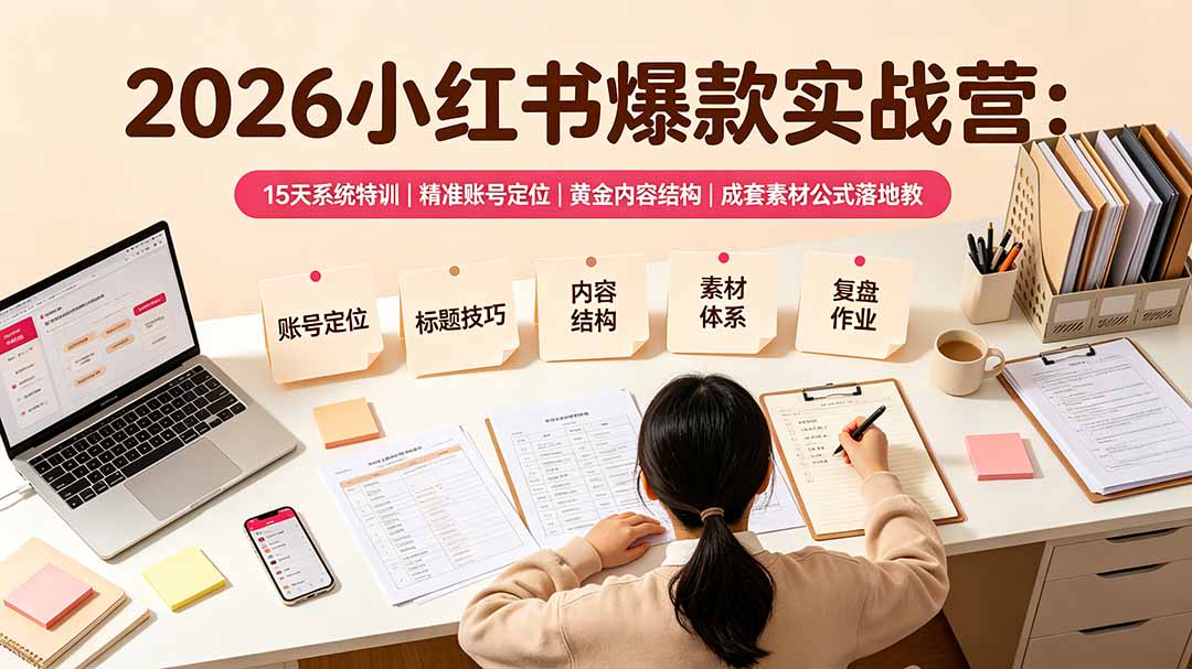 2026小红书爆款实战营:15天系统特训|精准账号定位|黄金内容结构|成套素材公式落地教程-Ai创业网